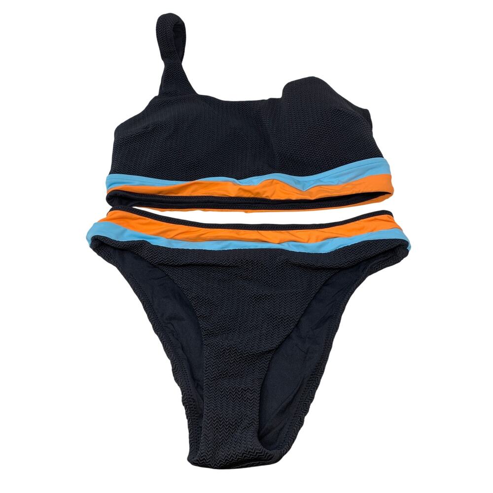 Seafolly Bikini Set Womens US 10 AU 14 Black Orange Blue One Shoulder NEW